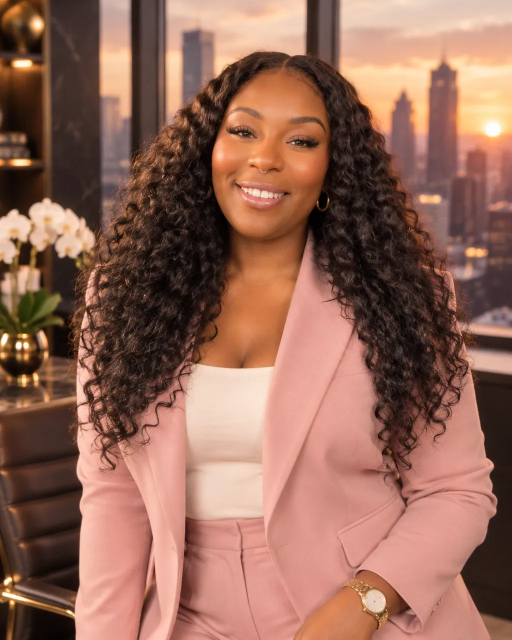 Founder in a blush-pink suit against a sunset city skyline